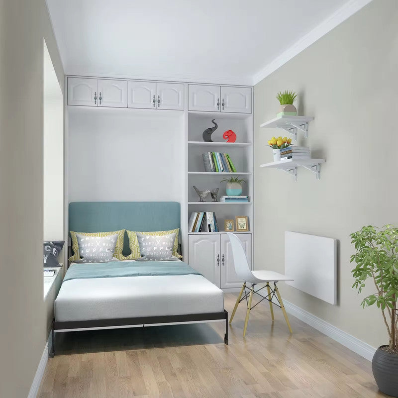 Modern Wall Bed for Sitting Room Cabinet Adjustable Hardware Murphy Bed Storage White and Bookcases